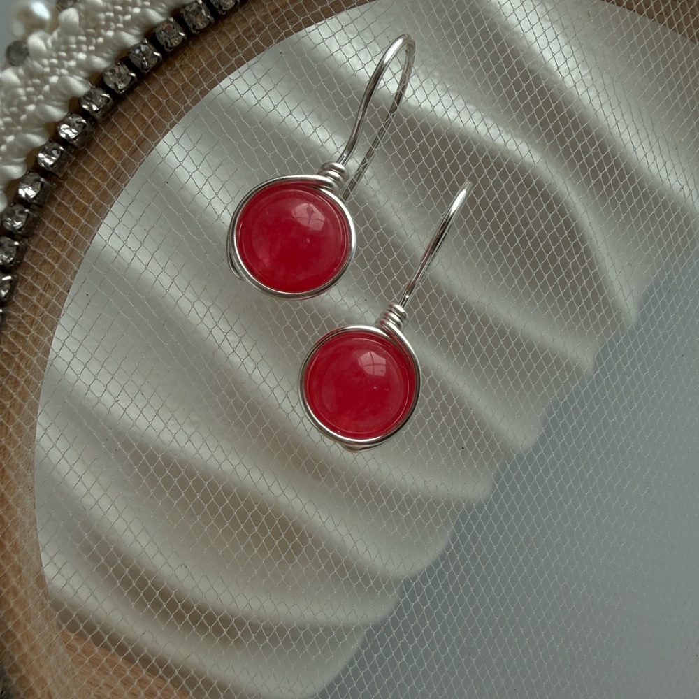 Berry Pink Jade Wire Wrapped Minimalist Silver Earrings - Picture 4 of 9